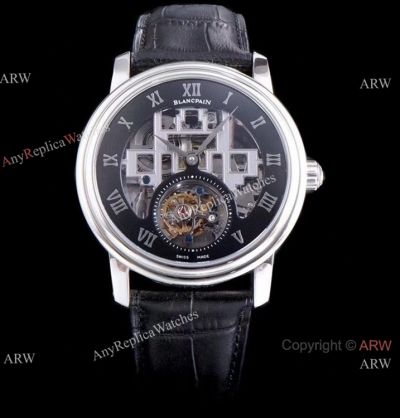 Super Clone Blancpain Fantasy Swiss Tourbillon Watch 43mm Black Leather Strap